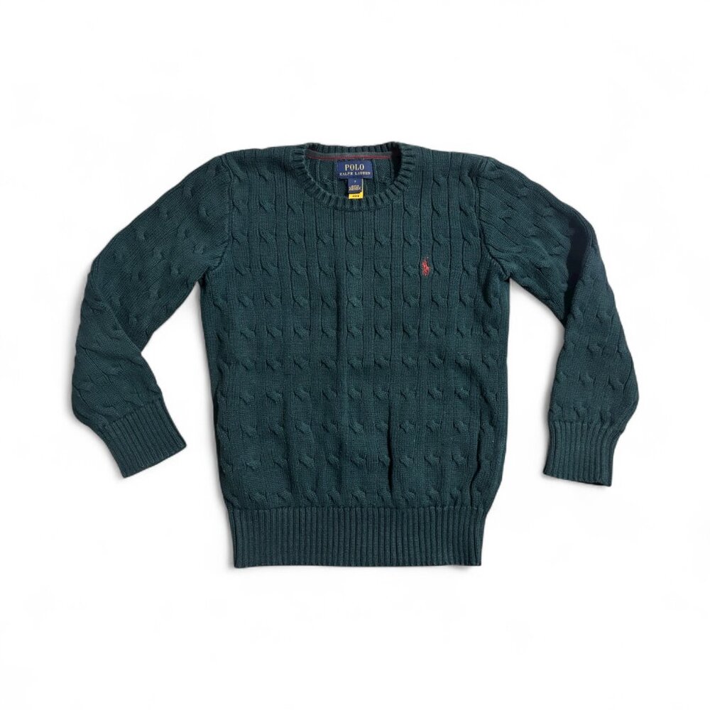💚 Ralph Lauren Boys’ Cable Knit Cotton Sweater – Authentic Green – Size 7 💚